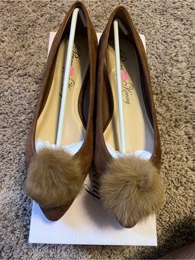 Penny Loves Kenny Chestnut Suede Pointed Flats with Pom-Pom